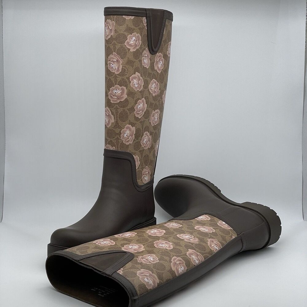 Coach Signature Rubber Rain Boots Tan Women’s 8B Dark Brown Floral Pink Coquette - Picture 7 of 16